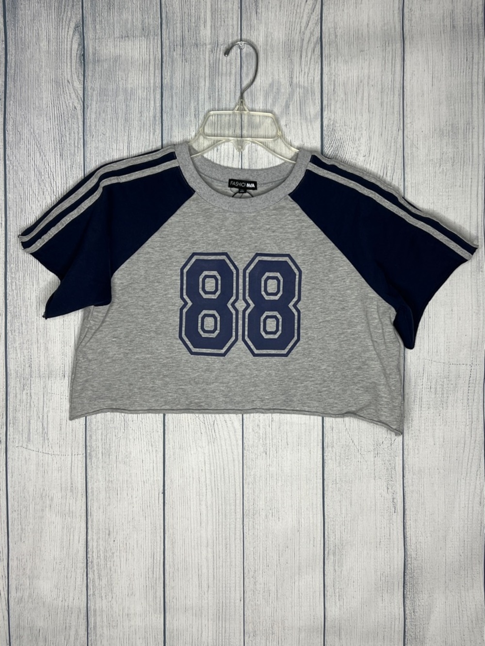 Fashion Nova Gray & Navy Cropped '88' Tee